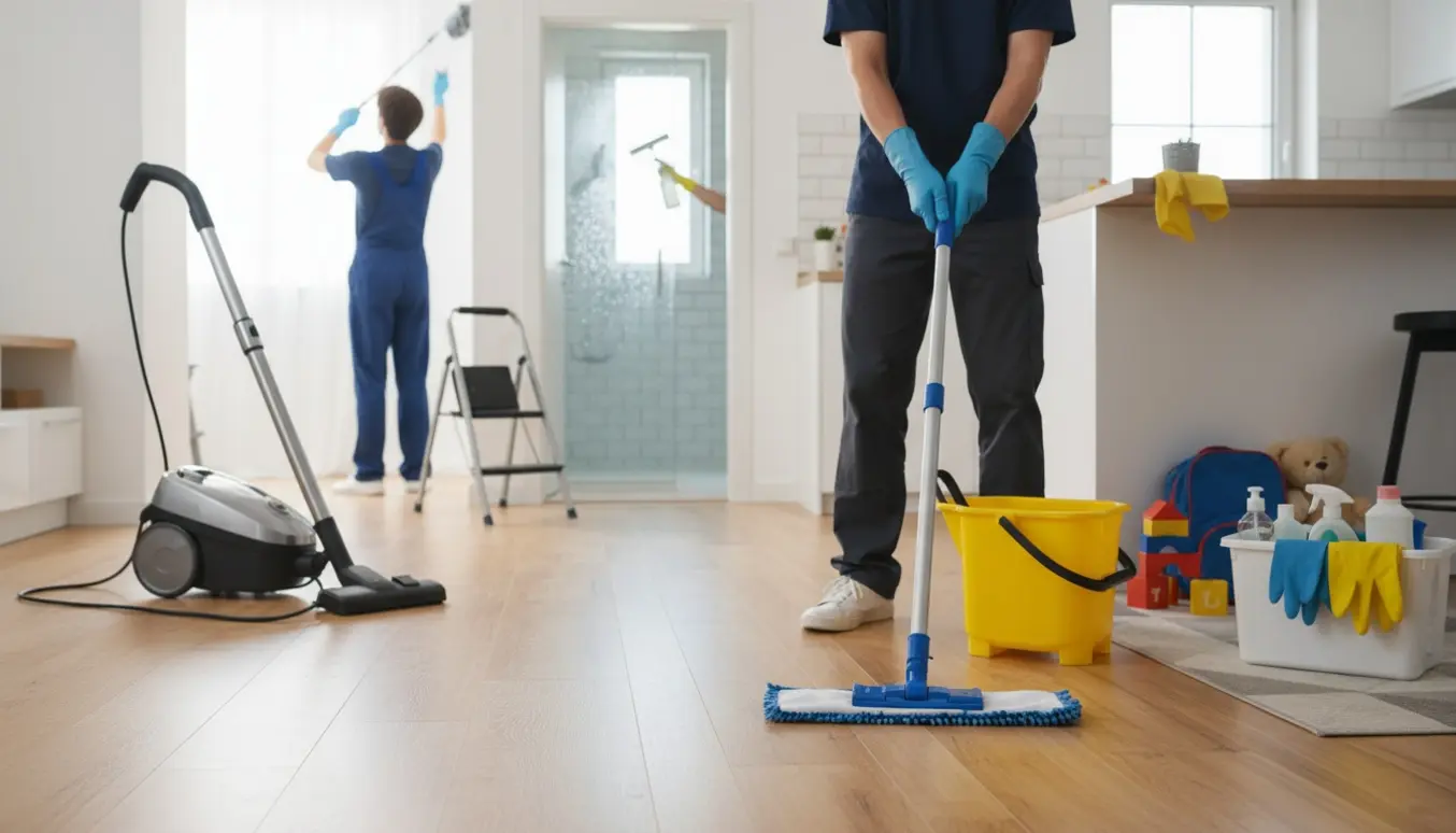 Rengøringshjælp vasker gulv i et lyst familieværelse med støvsuger, spand og rengøringsmidler synlige.