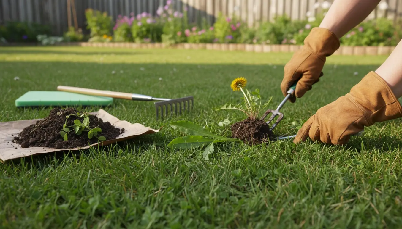 Hænder i handsker trækker ukrudt op af en græsplæne med en bunke ukrudtsrødder og haveværktøj ved siden af.