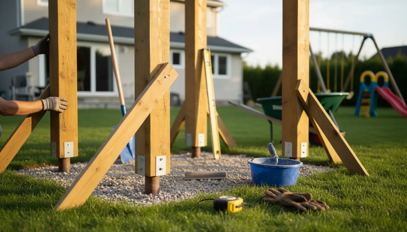 Friskstøbte træstolper til et legetårn i græsplænen med værktøj og afstivninger omkring.