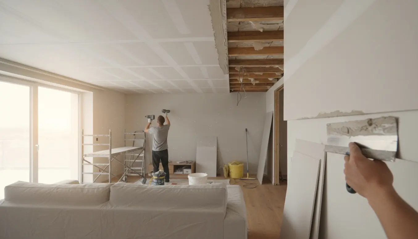 Stue under renovering med gibsplader monteret og spartlet i loftet, værktøj og stillads synligt.