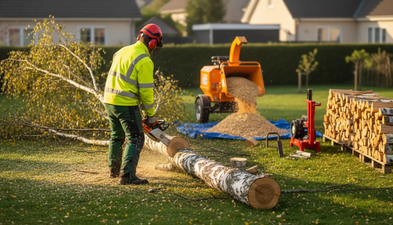 Fældning af en birk med motorsav, flishugger og stablet brænde i en have.