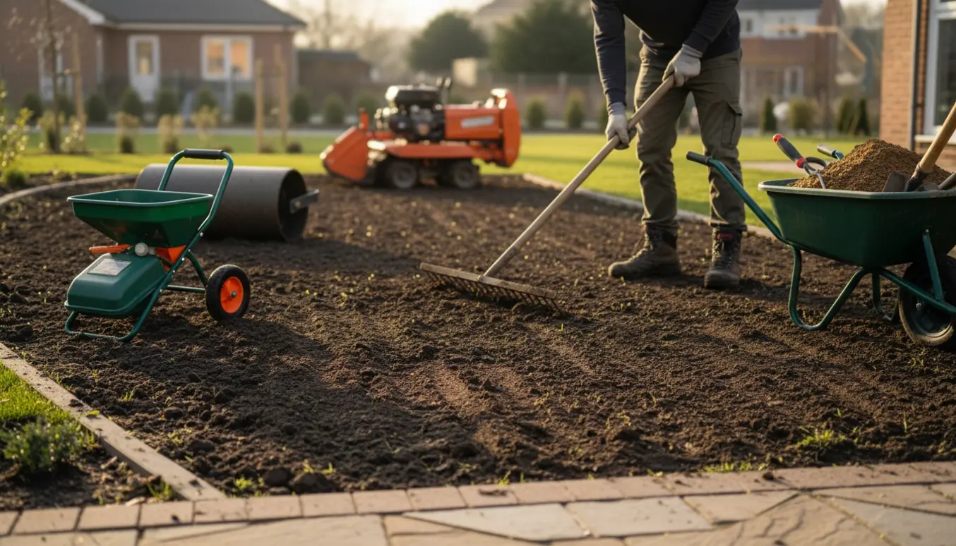 Fræset og planeret have med rive, plænerulle og nysået græs.