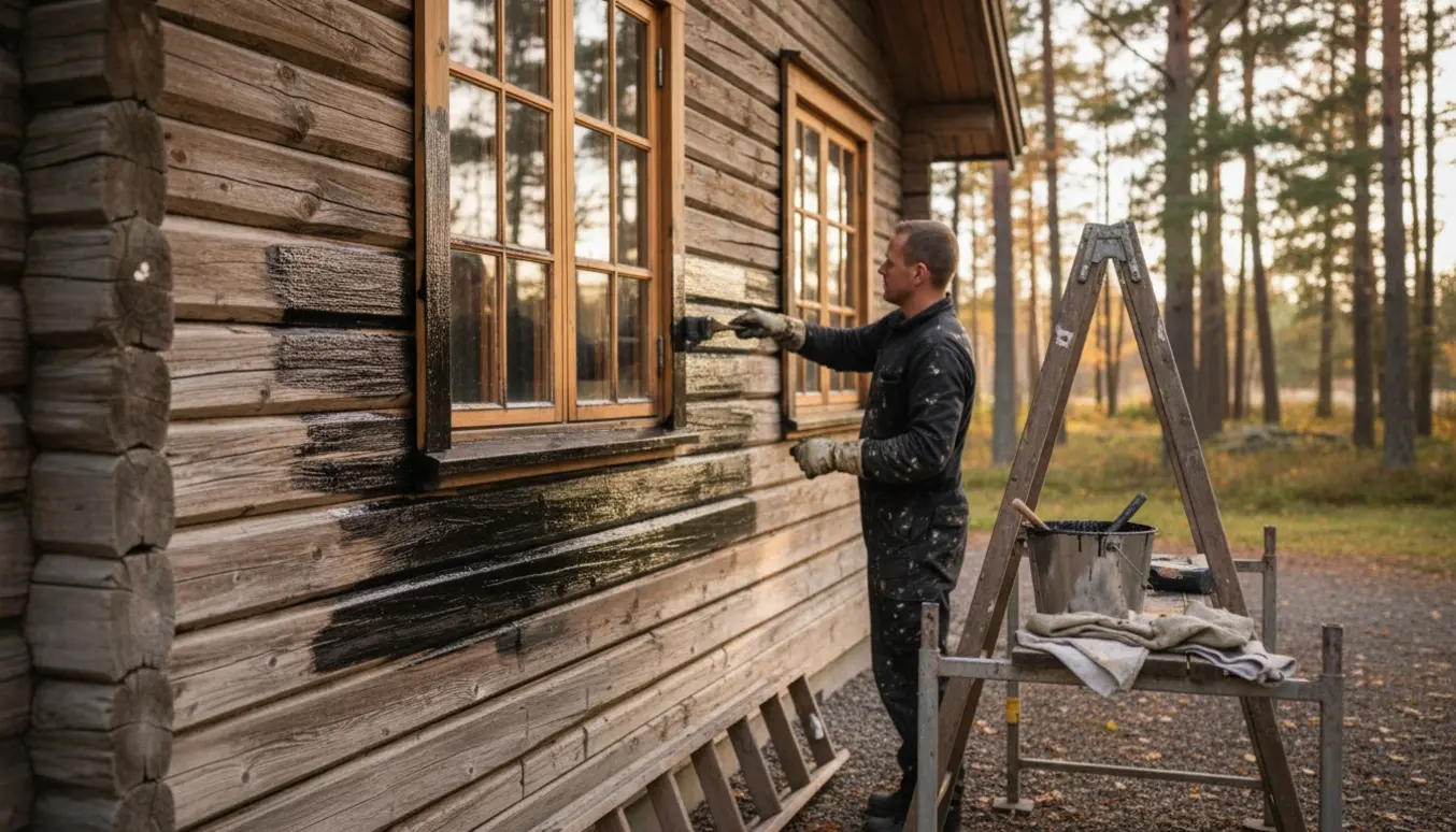 Udvendig maling af bjælkehus i varme efterårsfarver, hvor tjære males på træværk.