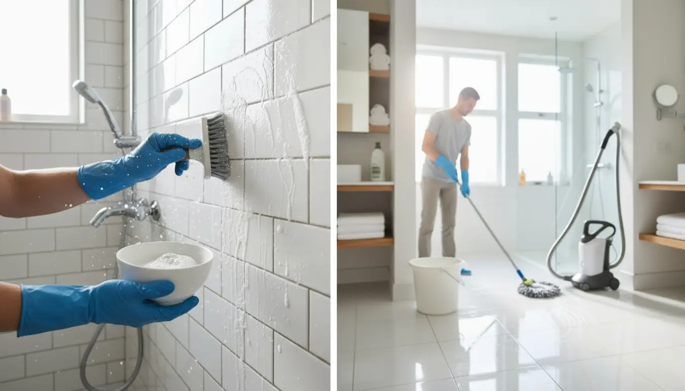 Hænder med handsker skrubber fliser og fuger i to badeværelser med spand, moppe og rengøringsmidler.