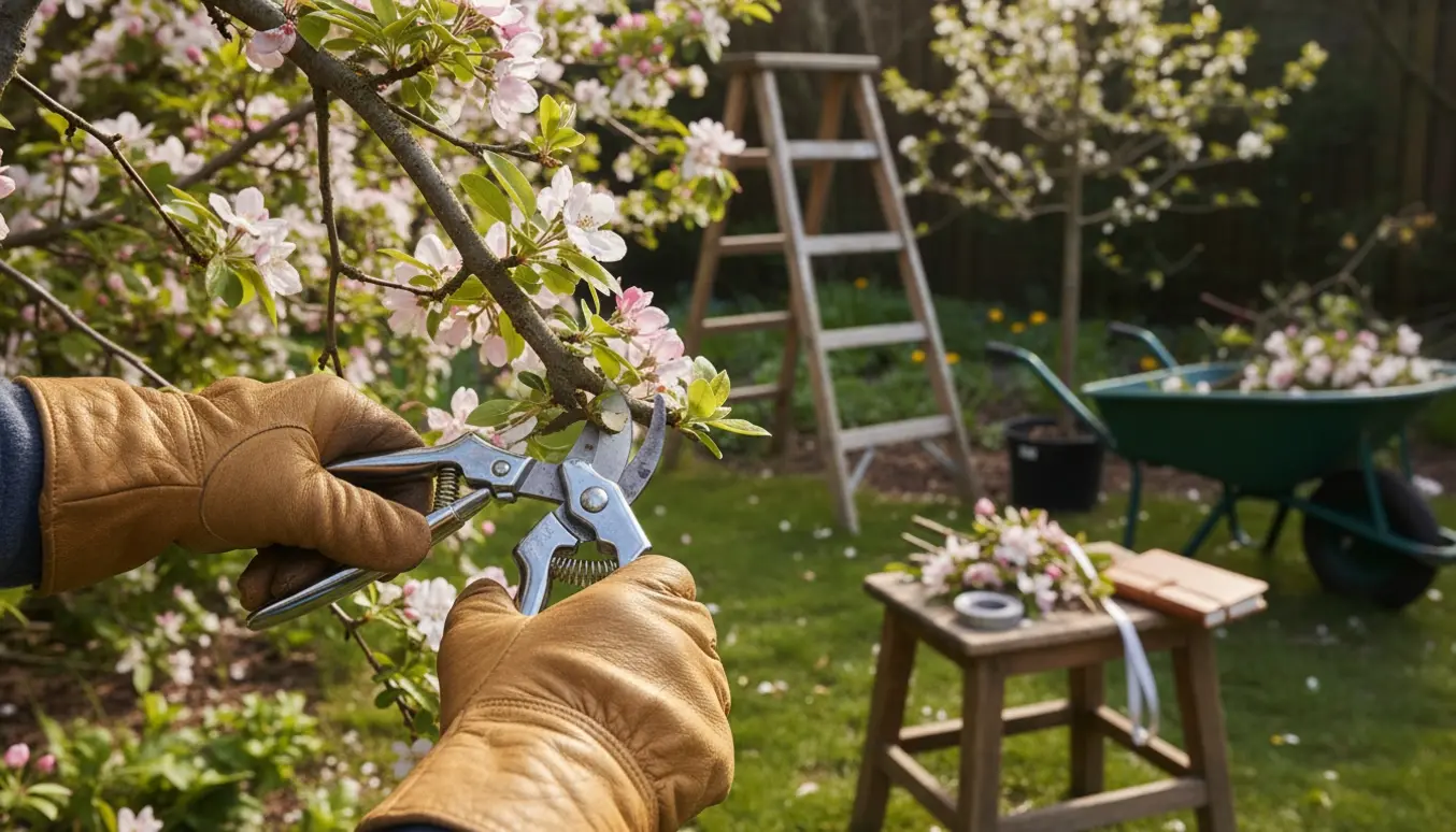 En handske‑klædt gartner klipper en busk med beskæringssaks, med stige og trillebør med afklippede grene i baggrunden.