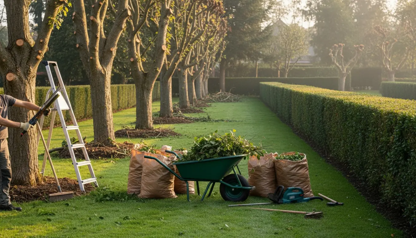 Velplejet have med nybeskårede skeltræer og nyklippet buksbom-hæk, redskaber og opsamlet grøntaffald i forgrunden.