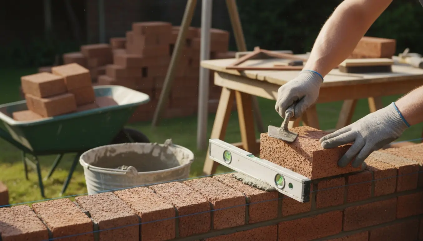 Hænder bygger en mur med mursten, mørtel og murske i blødt dagslys.