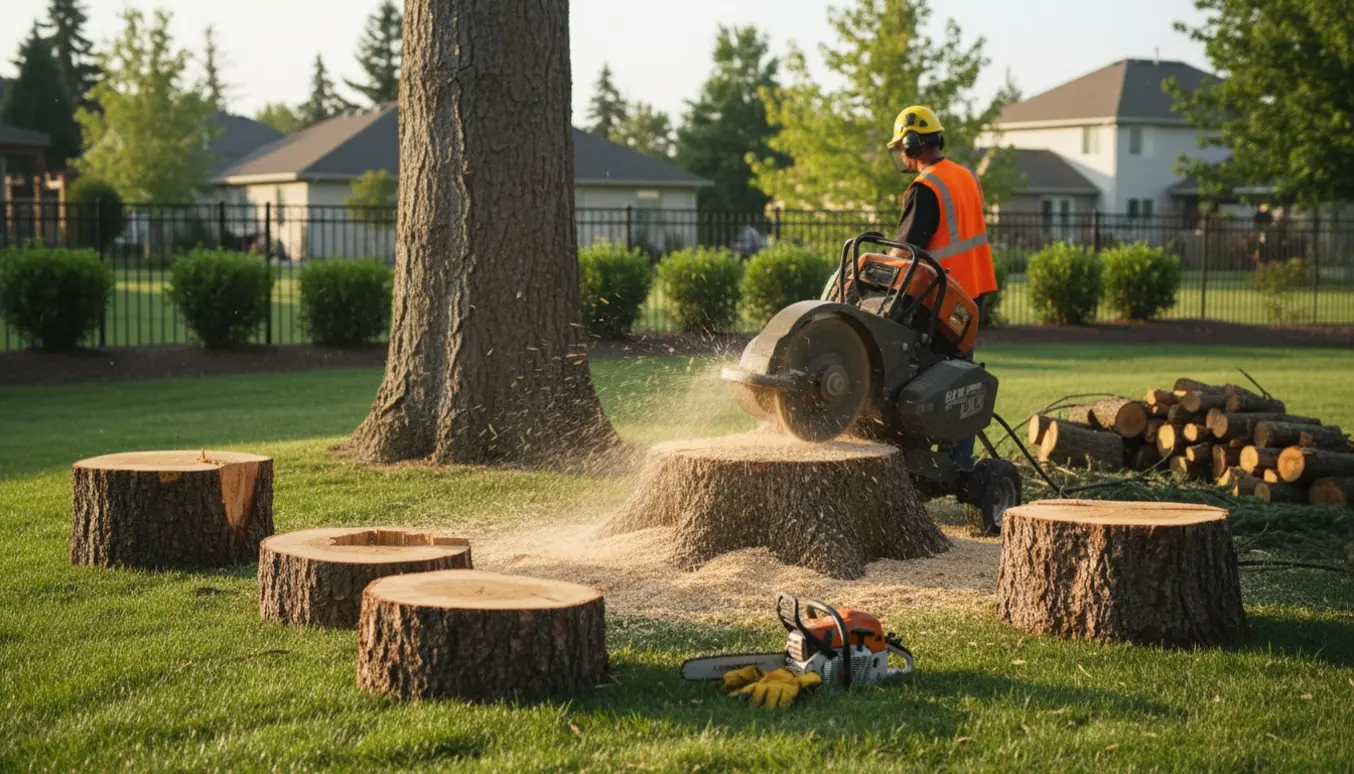 Stubbefræser der fjerner en stub fra et fældet nåletræ, med en ekstra stub og en bunke flis ved siden af.