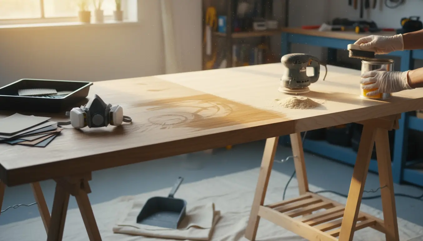 Nærbillede af en bordplade under slibning og overfladebehandling med værktøj og træolie.