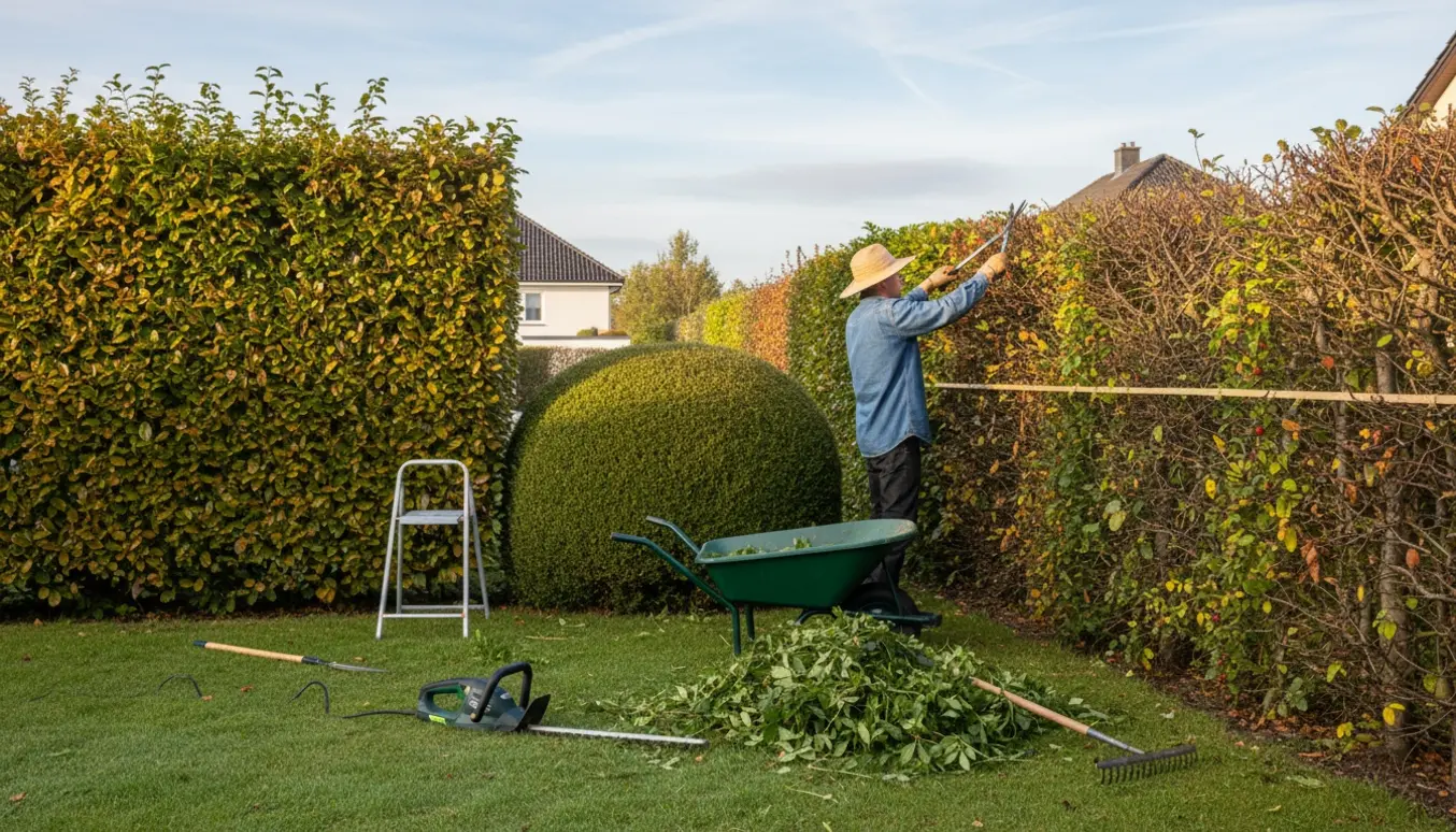 Person trimmer forskellige hække i en solrig have med friske afklip på græsset.