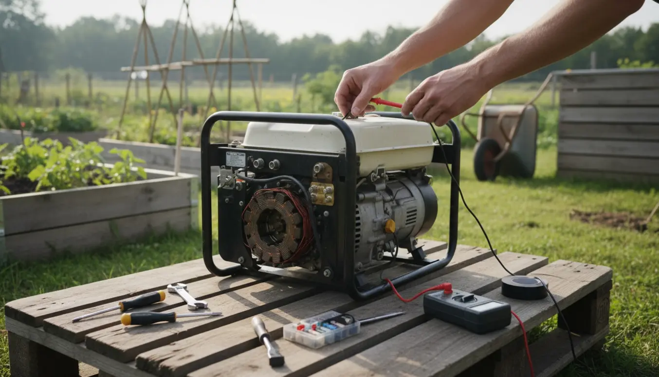 Nærbillede af en bærbar generator i en nyttehave, hvor hænder inspicerer de åbnede el-komponenter med værktøj ved siden af.
