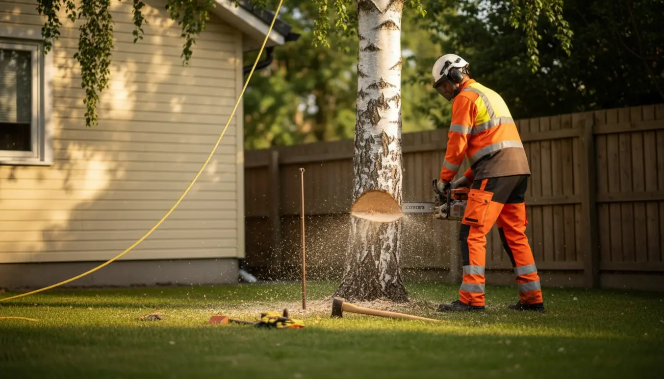 Birketræ fældes tæt ved et hus og et hegn med motorsav og sikkerhedsudstyr.