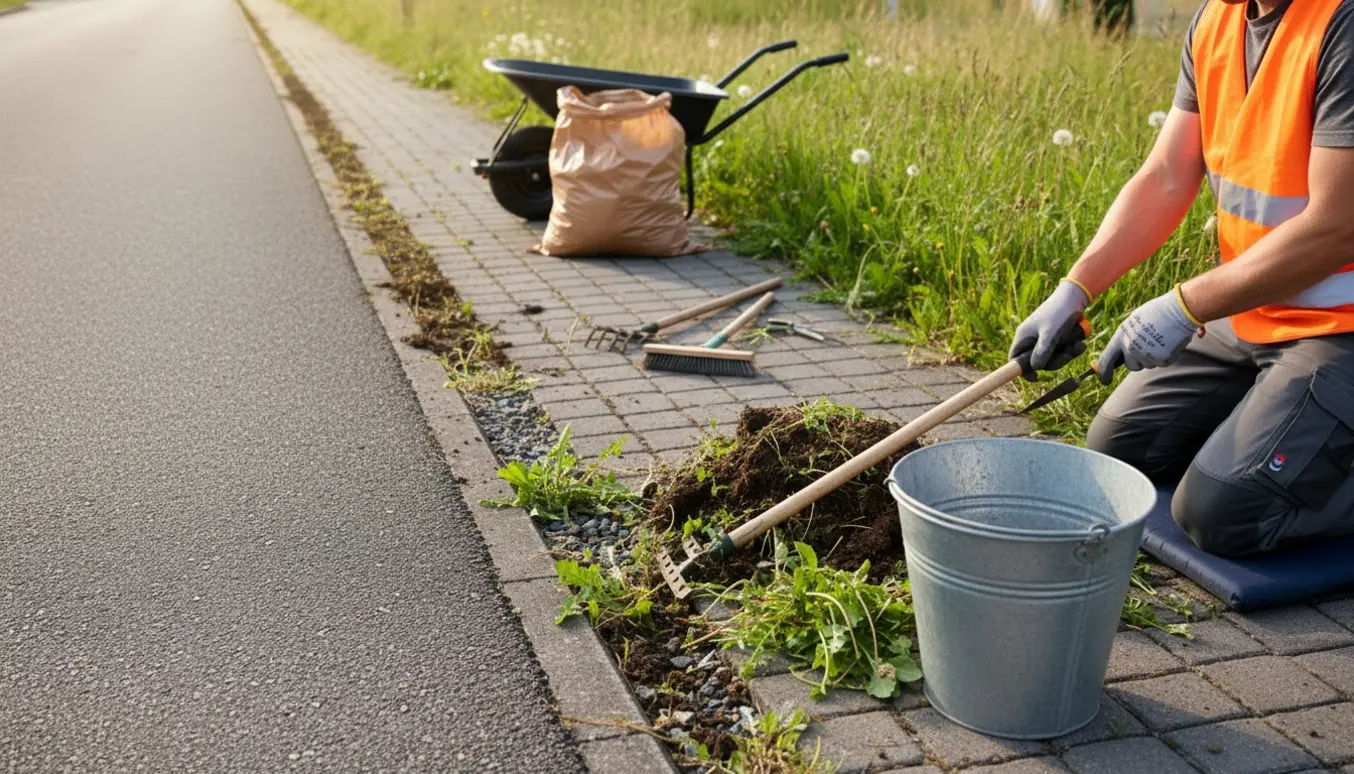 Lugning langs vej og indkørsel med handsker, værktøj og en stribe nyopgravet ukrudt i forgrunden.