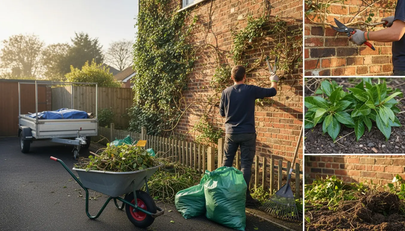 Hænder fjerner vedbend ved et nyovertaget hus, trillebør og grønne poser fyldt med grønt affald klar til bortkørsel.