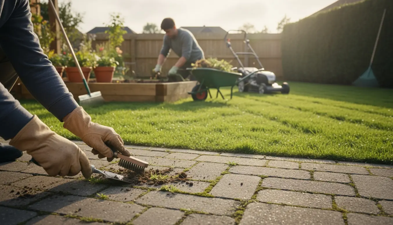 Nyslået græs, renset fliseindkørsel og et bed, hvor ukrudt luges.