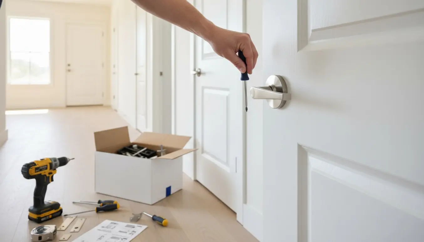 Nærbillede af hænder, der monterer et nyt dørhåndtag på en indvendig dør i en lys gang med værktøj og flere døre i baggrunden.