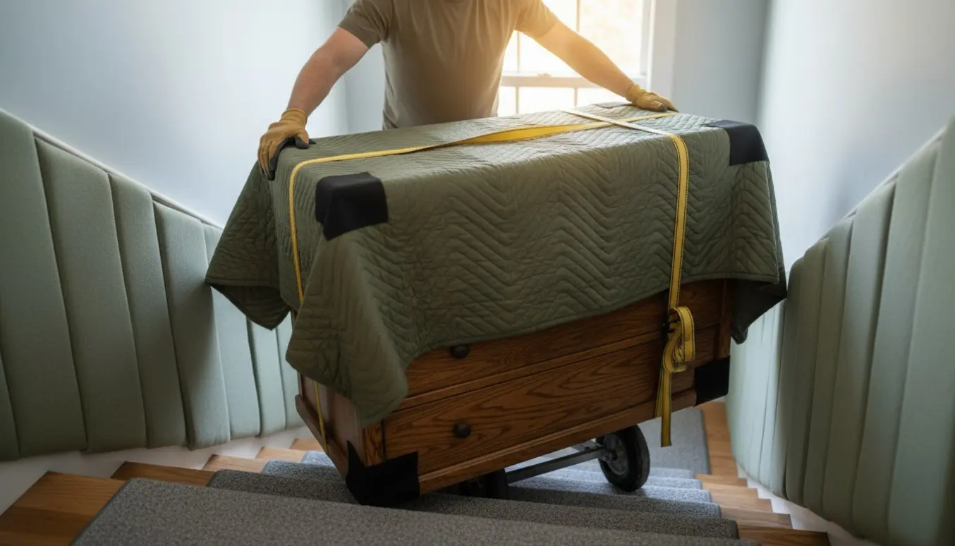 Stor trækommode bæres ned ad trappen fra 1. sal pakket i flyttetæpper og sikret med surringsstropper.