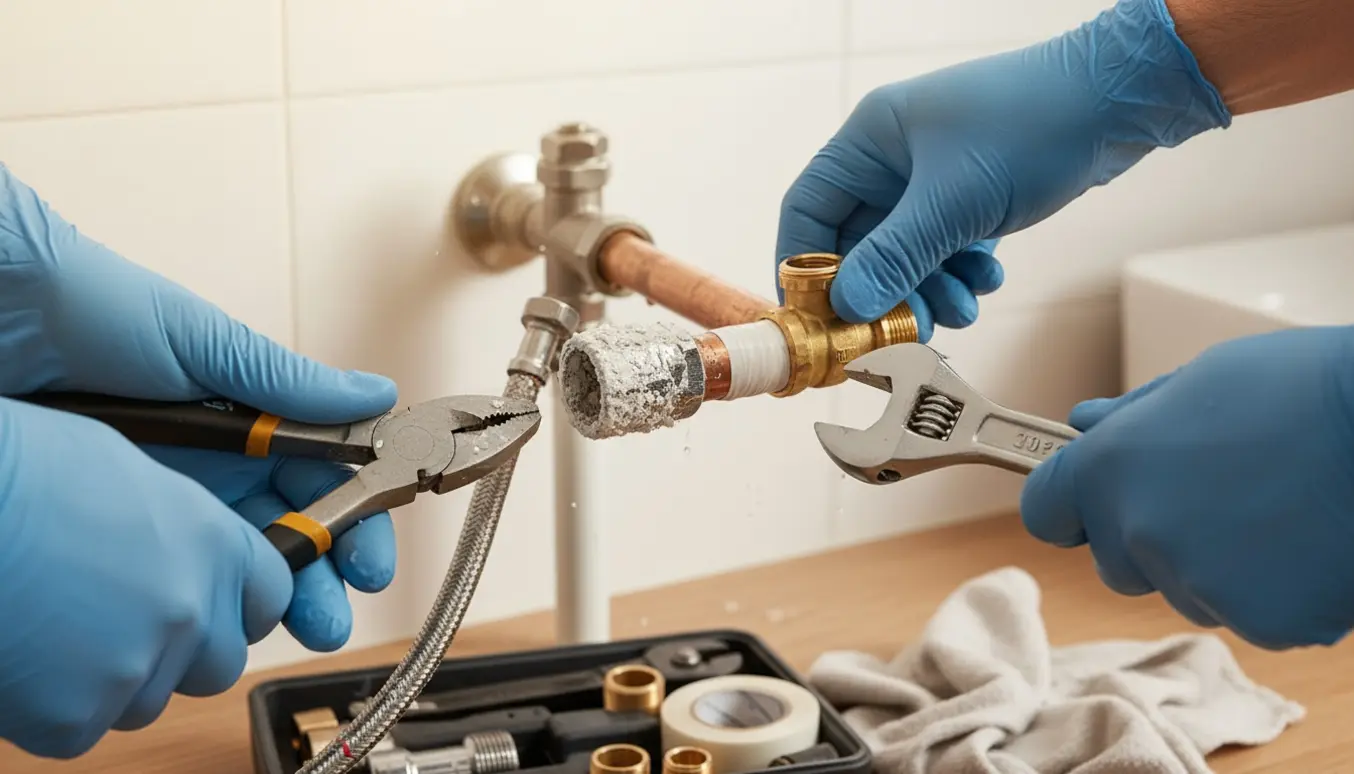 Nærbillede af hænder der udskifter en kalket vaskemaskinekran og monterer nye kuglehaner under en vask.