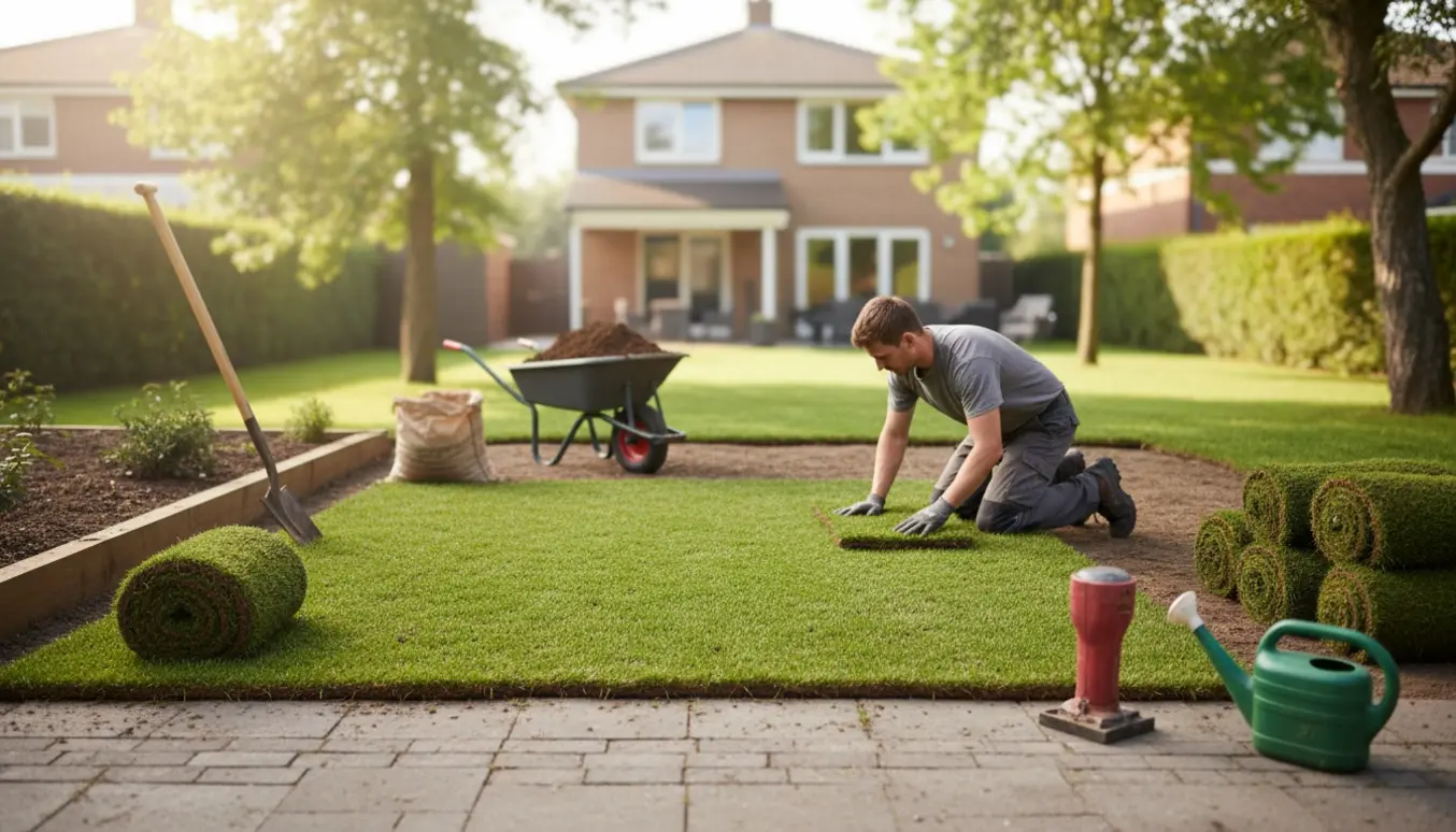 Hænder ruller rullegræs ud i en baghave klar til anlæg af cirka 45 m² græs.