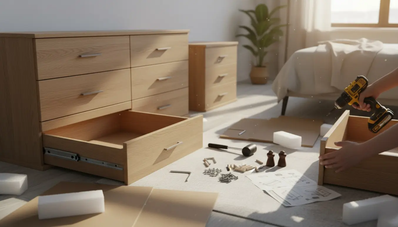 Nærbillede af hænder, der samler en bred kommode med seks skuffer og et sengebord med tre skuffer, omgivet af værktøj og dele.