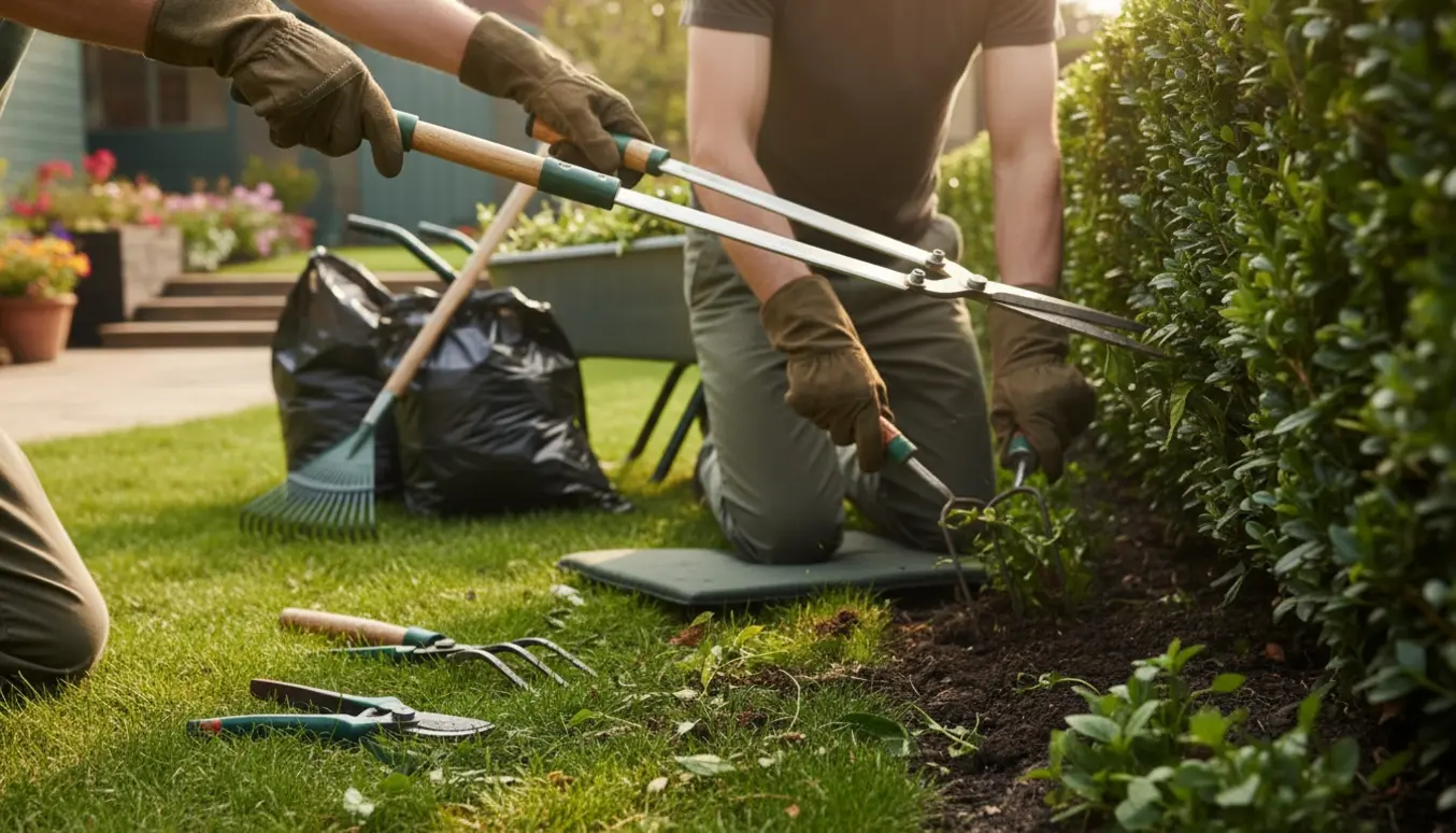 Havehjælp: handsker og haveredskaber ved lugning af ukrudt og klipning af hæk med affaldssække i baggrunden.