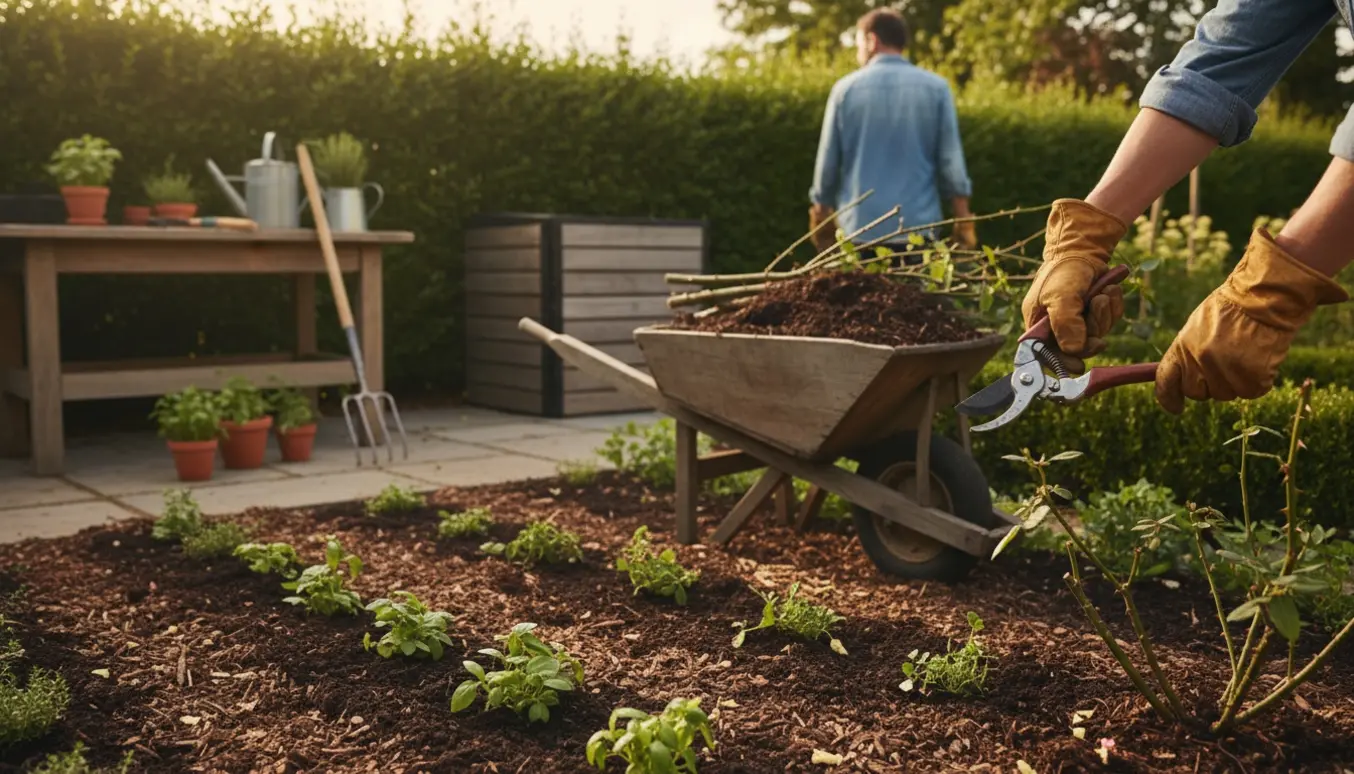 Gartner set bagfra trimmer en busk med beskærersaks, trillebør og haveværktøj samlet omkring blomsterbedet.