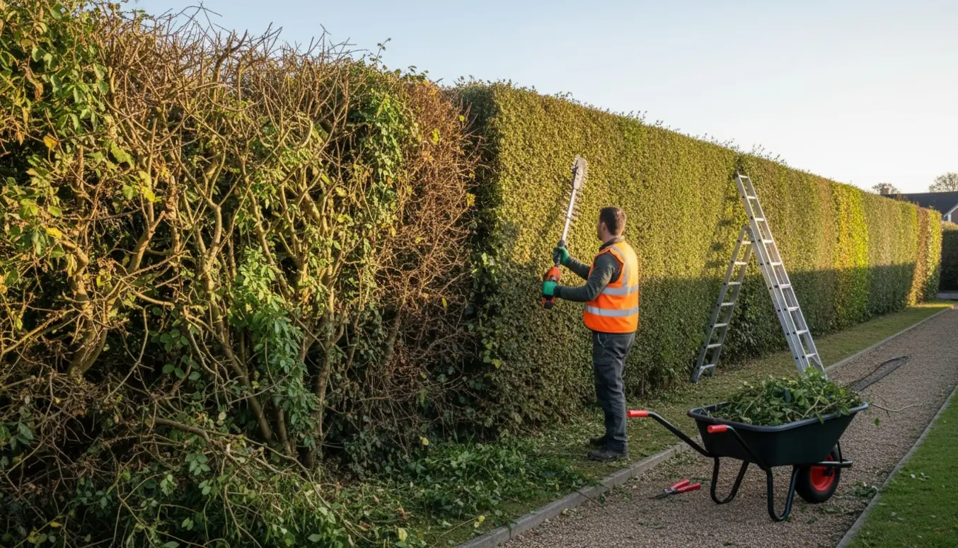 Lang blandet hæk i en have med en nyklippet 2 m sektion ved siden af utrimmet hæk og værktøj.
