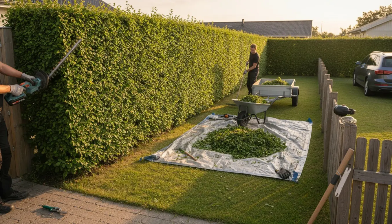 Hæk bliver klippet og afklip samlet i trillebør og trailer ved Sct. Hans-aften.