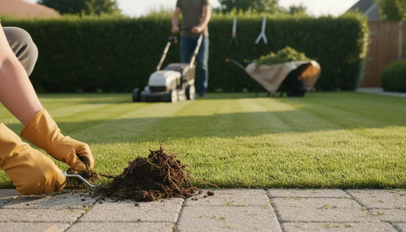 Hænder fjerner ukrudt mellem fliser, nyslået græs med plæneklipper og en nyklippet hæk i baggrunden.