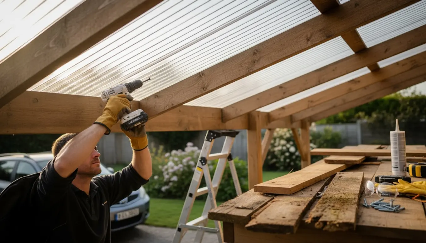 Carport under reparation med nye plasttagplader og udskiftning af rådne brædder.