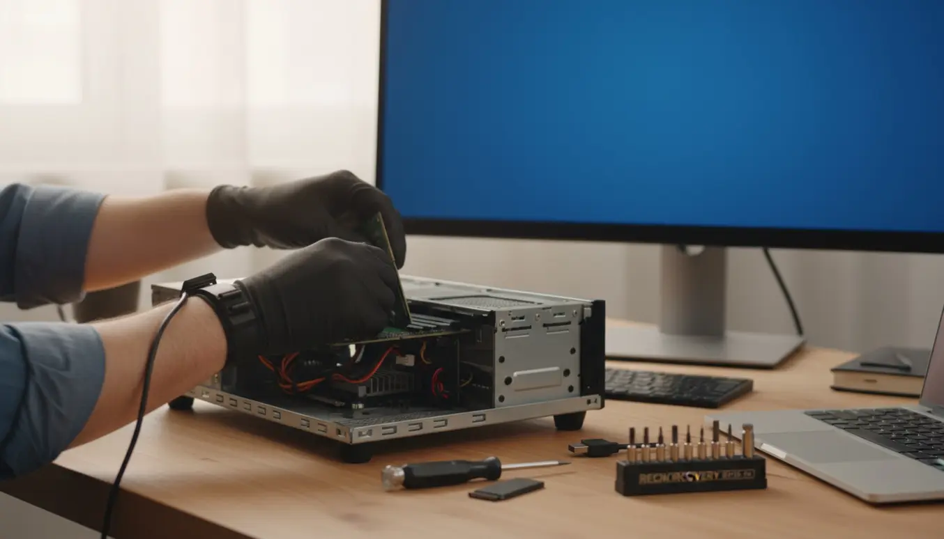 Hænder der fejlsøger en åben stationær pc foran en skærm med en blå skærm.