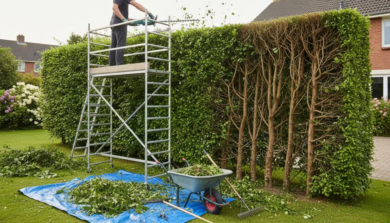 Indersiden af en lang hæk klippes kraftigt tilbage med stillads og bunker af nyklippede grene på jorden.