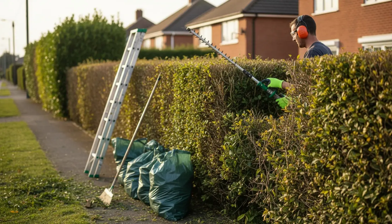 En lang hæk hvor kun enden er klippet, med afklip samlet i affaldssække ved vejens kant.