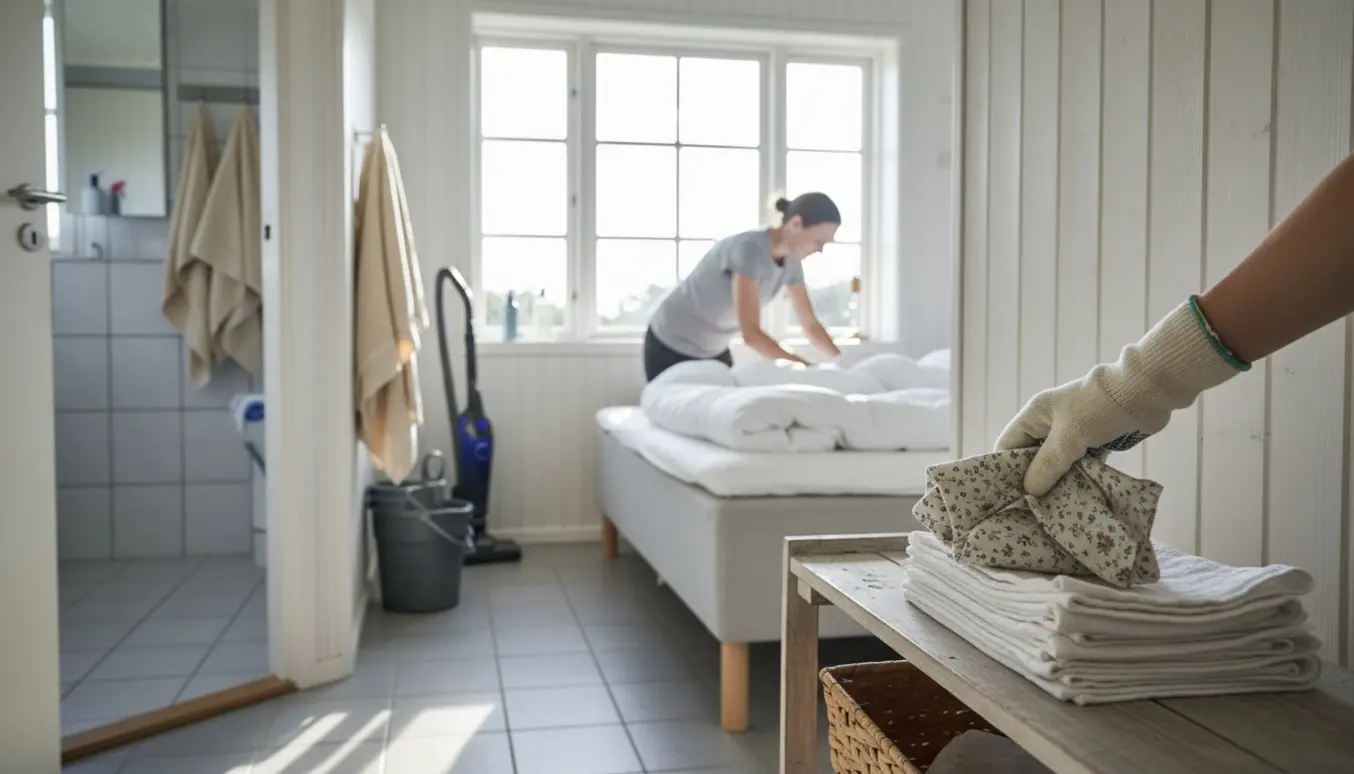 Glædende hånd bytter beskidt karklud med en ren i et solrigt, nyredt sommerhusinteriør klar til gæster.