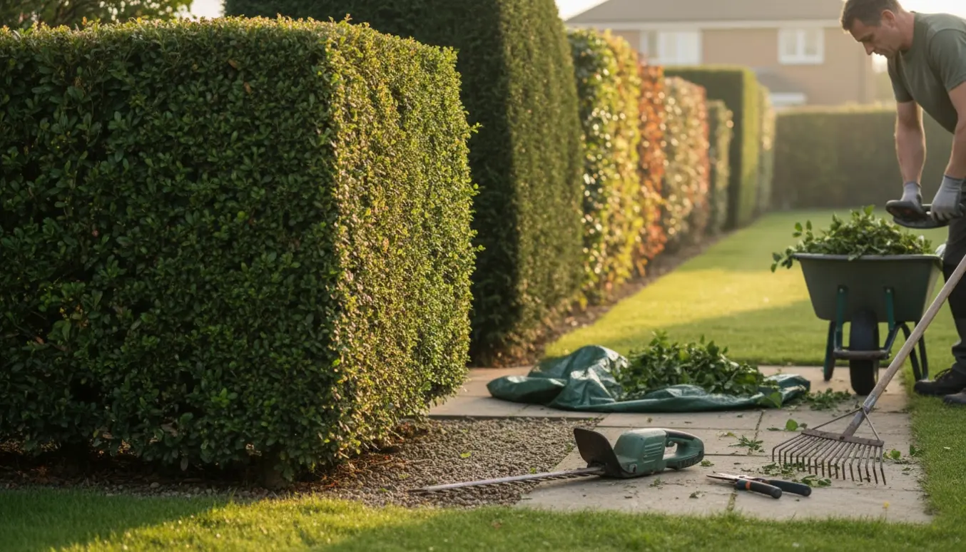 Langt foto af tre forskellige hække under klipning med værktøj og opsamlede afklip i en have.