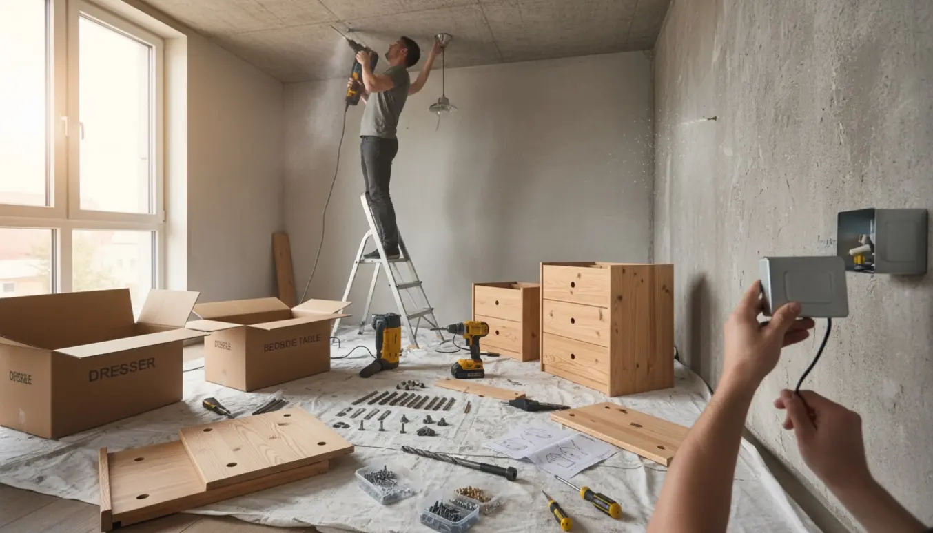 Indendørs foto af hængende lampe i betonloft, montering af nøgleboks og samling af fladpakket kommode og sengebord.