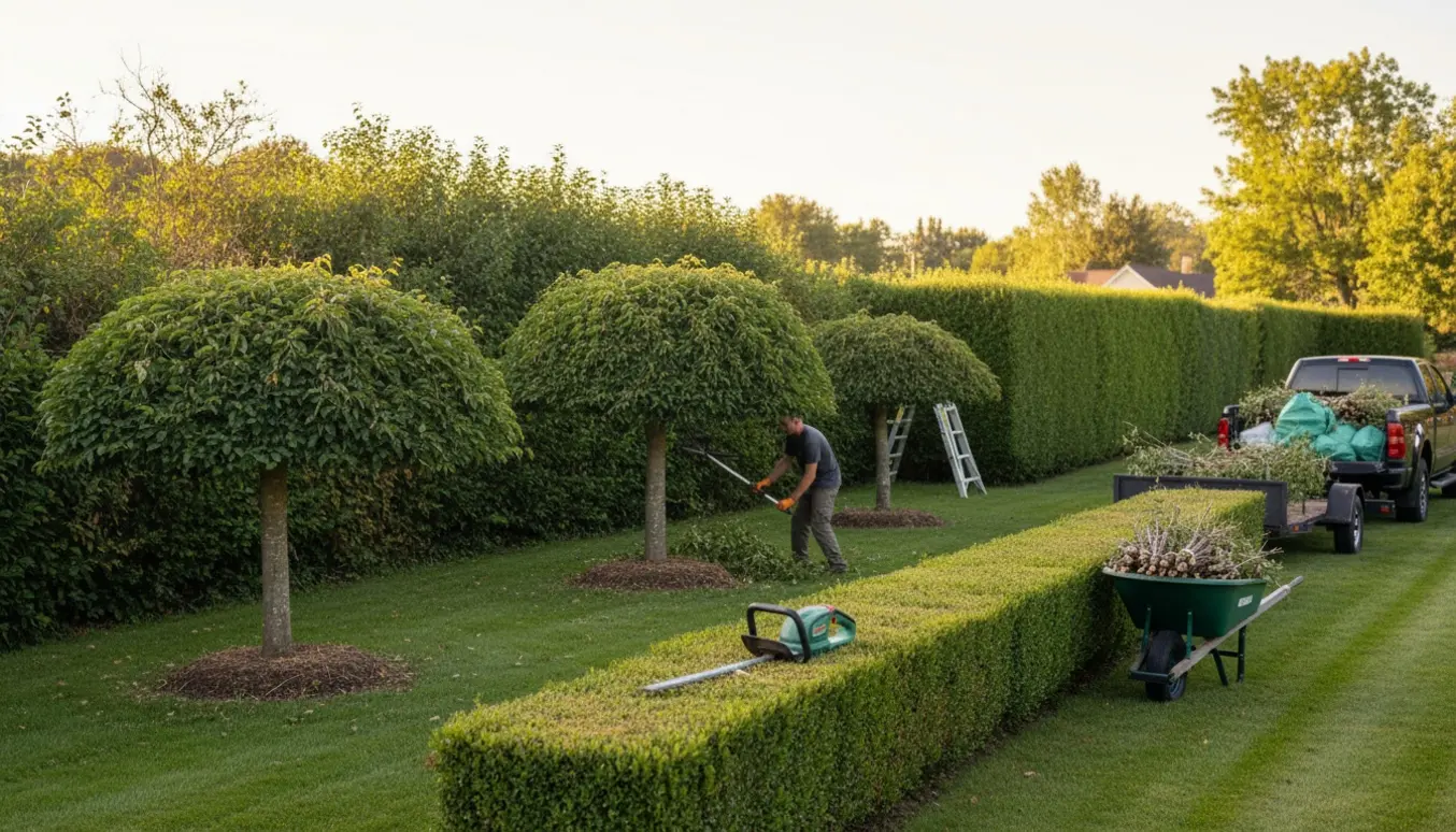 Hækkeklipning og beskæring af kugleahorn med redskaber og opsamlet grønt affald klar til bortkørsel.