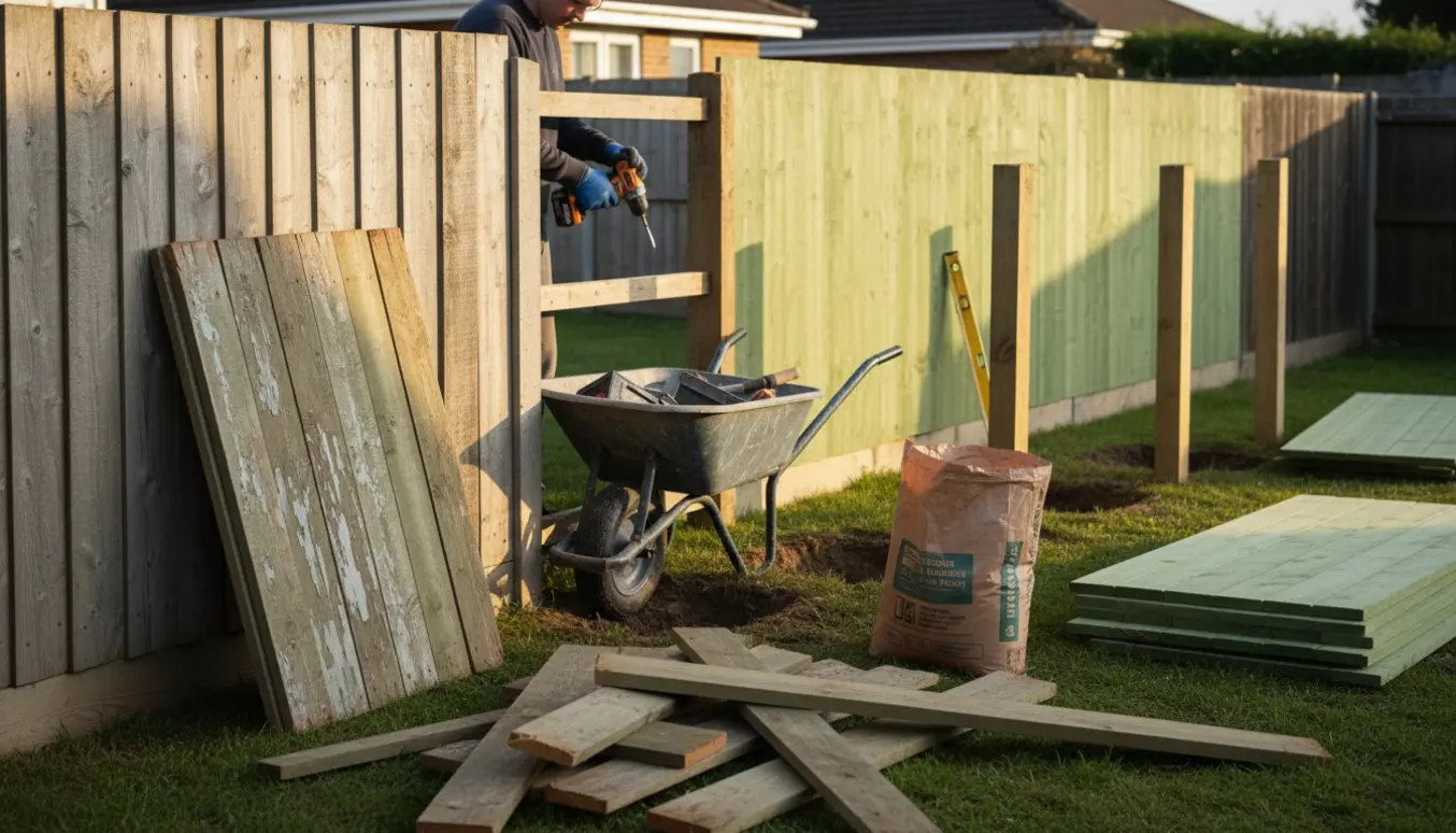 Arbejdere fjerner et gammelt hegn og gør klar til at sætte nye stolper og træpaneler op mellem to huse.