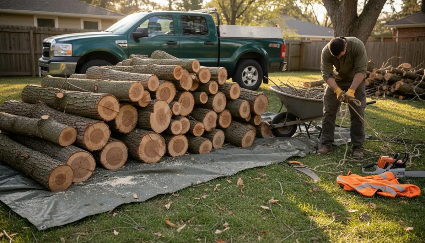Stak af 1–3 meter lange grene i en have ved siden af værktøj og en pickup.