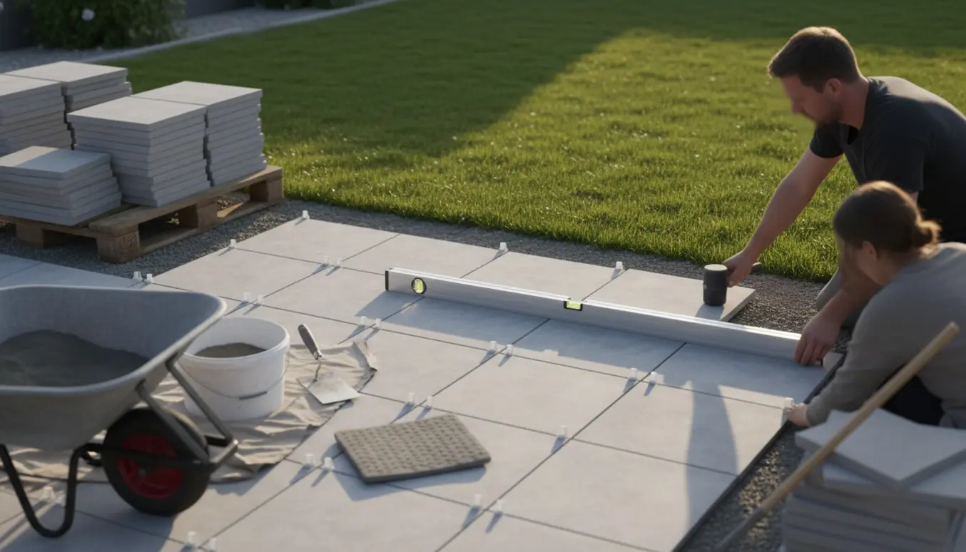 Ny terrasse under lægning med firkantede fliser og værktøj ved en veltrimmet græsplæne.