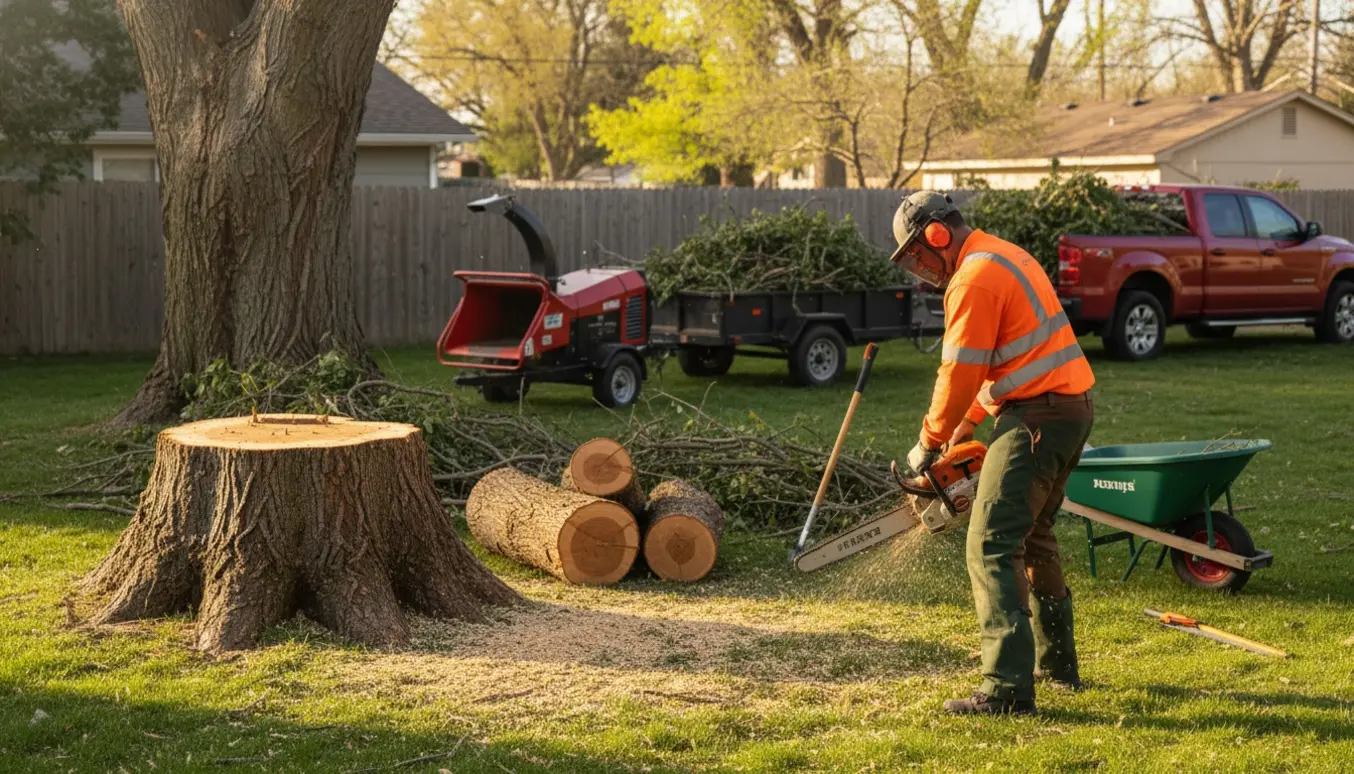 En arbejder saver et fældet træ i sektioner i en have med stak af grene og trailer klar til bortskaffelse.