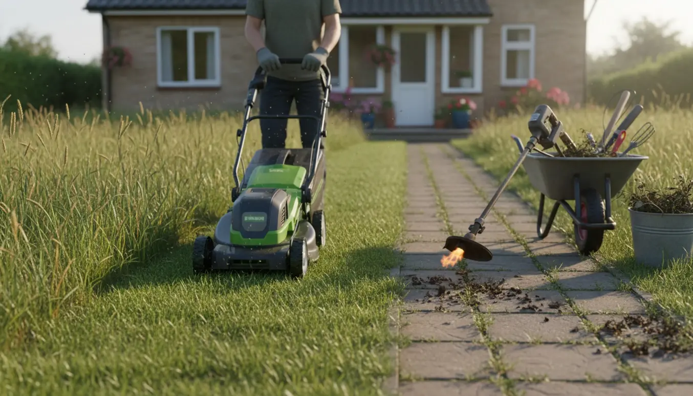 En forsømt have ved et ældre hus under oprydning med plæneklipper og ukrudtsbrænder.