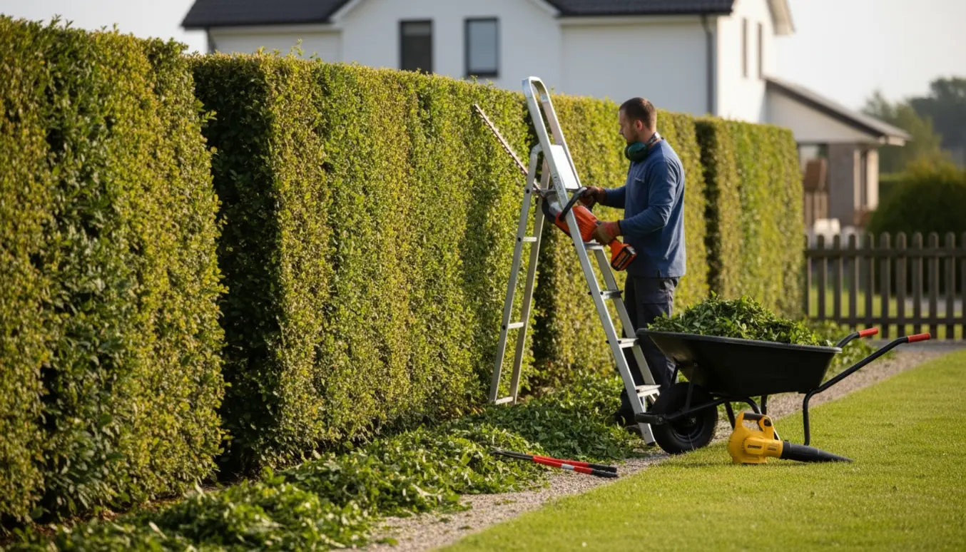 En havearbejder uden synligt ansigt trimmer en ligusterhæk med en batteridrevet hækkeklipper, friske klip samlet i en trillebør.