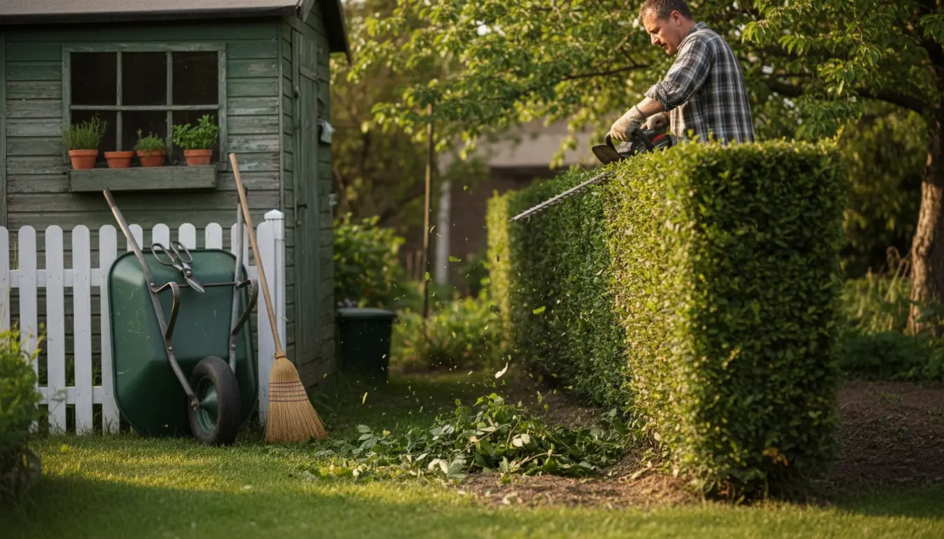 En person klipper hæk i en kolonihave, kun hænder og ryg er synlige.