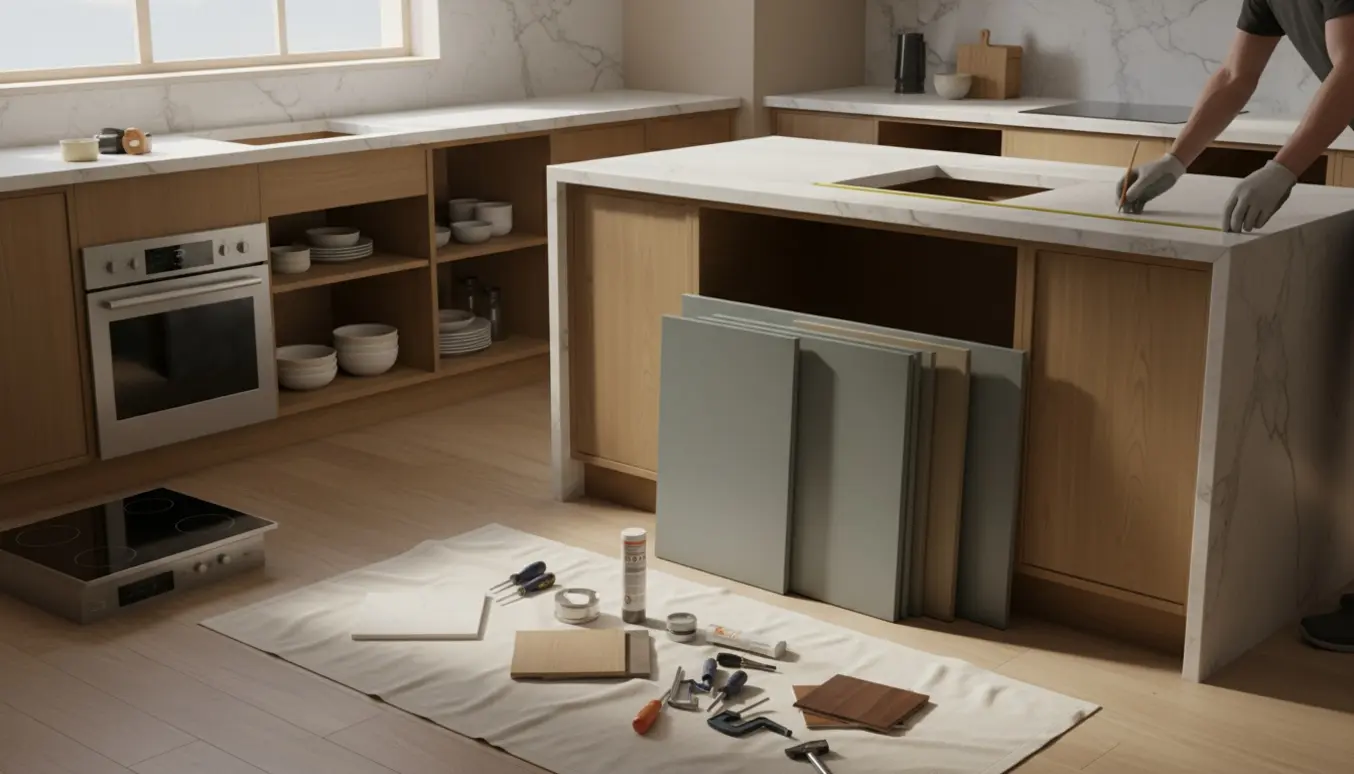 Køkken under renovering med ny bordplade, stakke af låger og en ovn klar til indsætning.