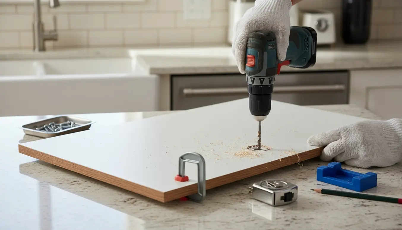 Nærbillede af en køkkenlåge, hvor nye hængselhuller bores med en boremaskine, omgivet af hængsler og værktøj.