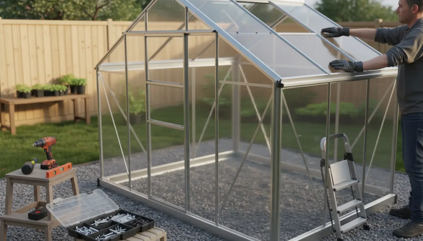 Nærbillede af næsten færdigmonteret drivhus, hvor handske‑beklædte hænder sætter et polycarbonatpanel på metalrammen i en solrig baghave.