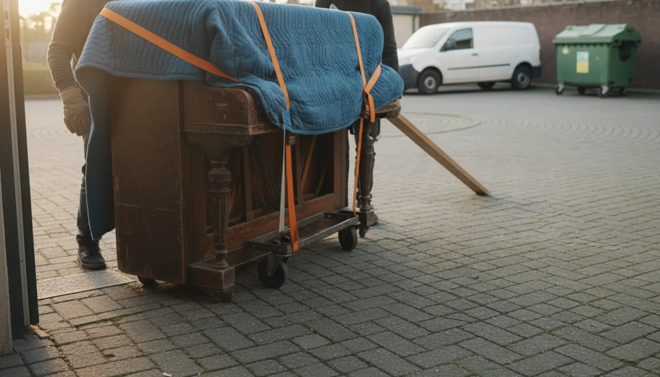 Et gammelt klaver pakket i flyttetæpper rulles fra en stuelejlighed mod en container ved en vendeplads.