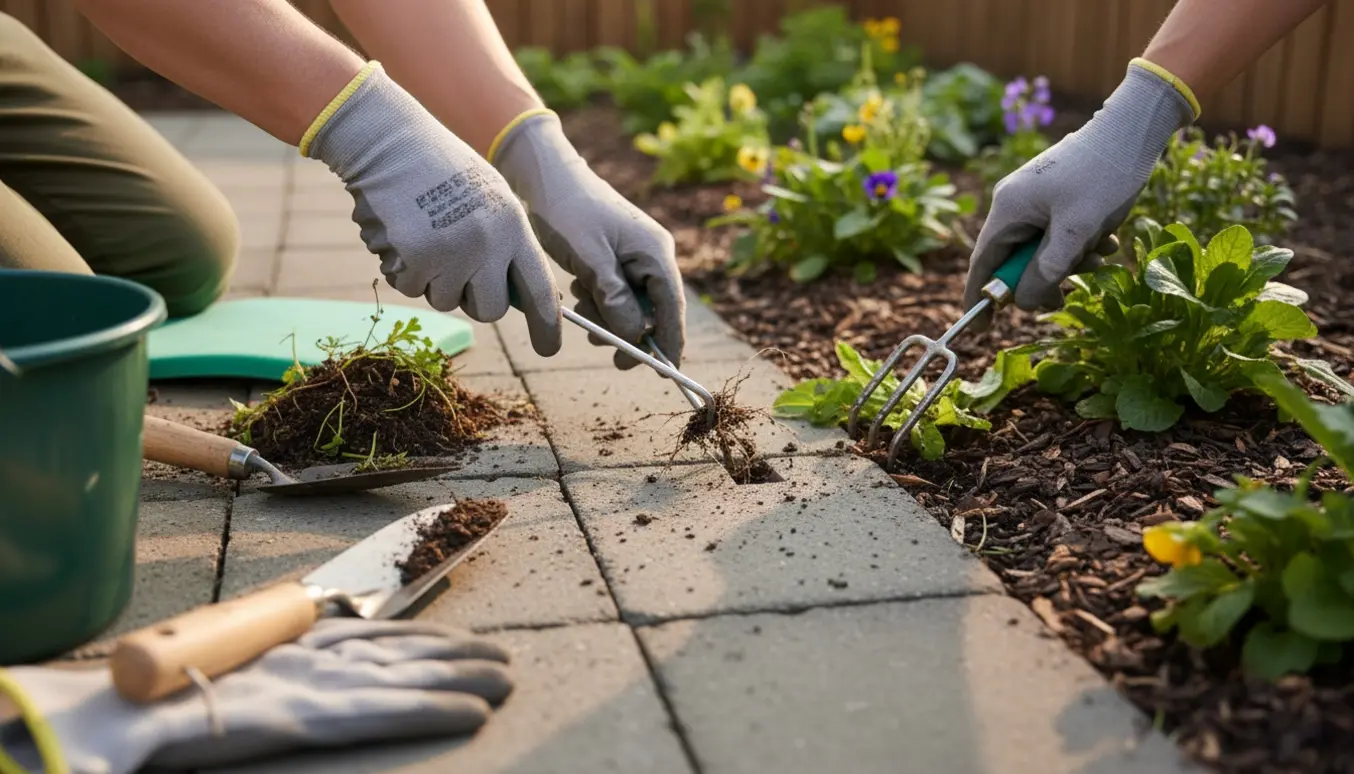 Nærbillede af handskerede hænder, der fjerner ukrudt mellem fliser og i et blomsterbed.