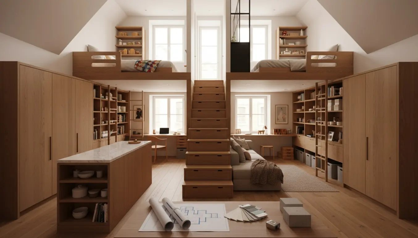 Interiør i et fireetagers byhus med pladsoptimeret køkken, hems i børneværelser og kontor bag en New Yorker-væg.